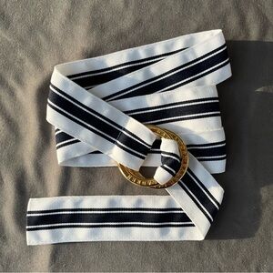 LRL Ralph Lauren WHITE NAVY Stripe Grosgrain Ribbon M Belt Logo Double Buckle